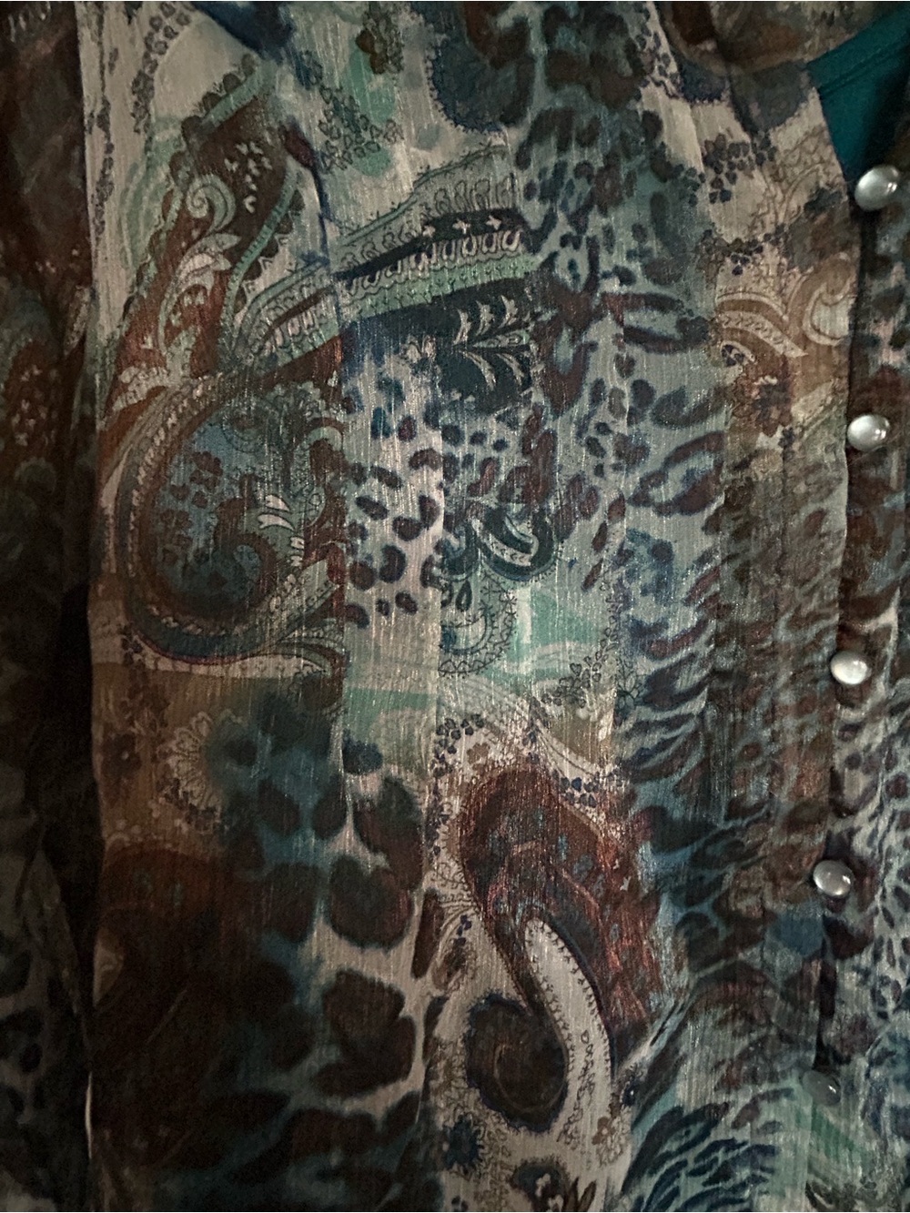 Dressbarn Sheer Paisley-Print Tunic Blouse in Teal and Brown - Picture 4 of 9